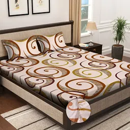 KLOTTHE Brown Geometric Printed 300TC Fitted Double King Bedsheet With 2 Pillow Covers-15