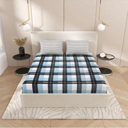 UrbanArts Blue & White Striped King Bedsheet with 2 Pillow Covers-image-23