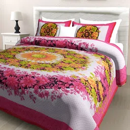 POORAK Pink & Orange Floral 104 TC Cotton Queen Bedsheet Set-image-24