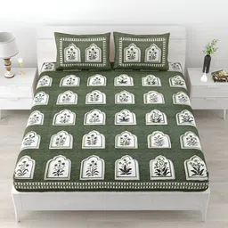 POORAK Green & White Ethnic Motifs Cotton 104 TC Queen Bedsheet With 2 Pillow Covers-image-87