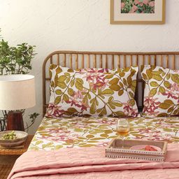 House This White Floral 180 TC Pure Cotton Fitted Queen Bedsheet & 2 Pillow Covers-picture-49