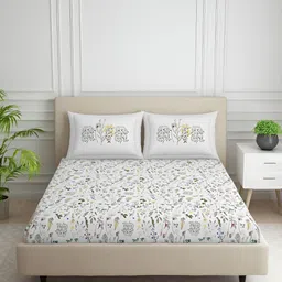 SPACES White Floral Cotton 130 TC King Bedsheet with 2 Pillow Covers-41
