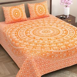 Aura Orange & White Ethnic Motifs Cotton 144 TC Queen Bedsheet With 2 Pillow Covers-image-21