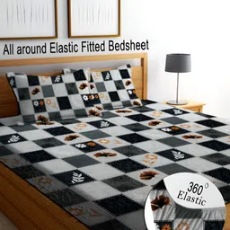 RISING STAR Black & Grey Floral 250 TC King Fitted Bedsheet with 2 Pillow Covers-image-41