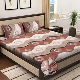 KLOTTHE Brown Geometric Printed 300TC Fitted Double King Bedsheet With 2 Pillow Covers-image-40