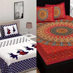 Runjhun Red & White 2 Pcs Ethnic Cotton 180 TC 2 Queen Bedsheet with 4 Pillow Covers-image-21