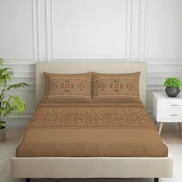 SPACES Brown & Red Geometric Cotton 144 TC King Bedsheet with 2 Pillow Covers-17