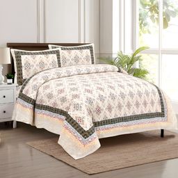 Kuber Industries Cream & Red EthnicMotifs Cotton 160 TC King Bedsheet with 2 Pillow Covers-21