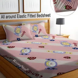 RISING STAR Pink & Blue Cartoon Characters 350 TC King Fitted Bedsheet 2 Pillow Covers-4