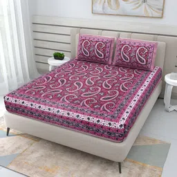 PATRICKO Pink Ethnic Motifs Printed Cotton 210 TC Queen Bedsheet with 2 Pillow Covers-image-42