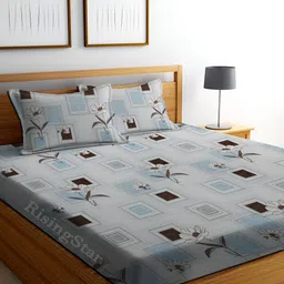 RISING STAR Grey & Green Floral King Bedsheet with 2 Pillow Covers-image-22