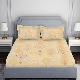 SPACES Beige & Pink Geometric Cotton 130 TC King Bedsheet with 2 Pillow Covers-image-9