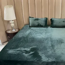 Laying Style Green 250 TC Fitted Queen Bedsheet with 2 Pillow Covers-image-9