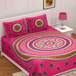 POORAK Pink & White Ethnic Motifs 104 TC Cotton Queen Bedsheet With 2 Pillow Covers-image-73