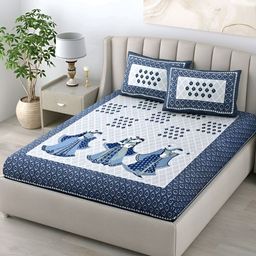 Runjhun Blue & White Ethnic Motifs Cotton 144 TC Queen Bedsheet with 2 Pillow Covers-image-84