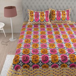 Aura Yellow & Pink Ethnic Motifs Printed Cotton 180 TC King Bedsheet with 2 Pillow Covers-image-16