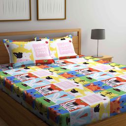 KLOTTHE Kids Pink & Blue Printed 300TC Fitted King Bedsheet With 2 Pillow Covers-image-51