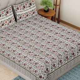 Peepul Tree White & Green Floral Cotton 300 TC King Bedsheet with 2 Pillow Covers-image-34