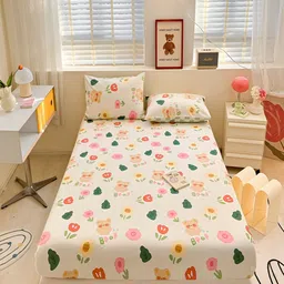 JC HOME White Floral Cotton 210 TC Fitted Queen Bedsheet With 2 Pillow Covers-image-13