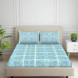 SPACES Blue & White Ethnic Motifs Printed 132 TC Queen Bedsheet With 2 Pillow Covers-image-83