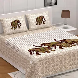 POORAK Brown & White Ethnic Motifs 104 TC Queen Bedsheet with 2 Pillow Covers-image-37