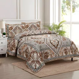 Kuber Industries Brown & White Graphic Cotton 160 TC King Bedsheet With 2 Pillow Covers-image-87