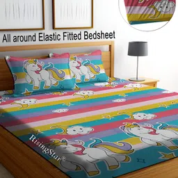 RISING STAR Yellow & Pink Cartoon Characters 350 TC King Bedsheet with 2 Pillow Covers-image-80