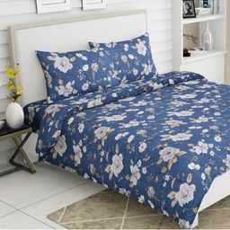 haus & kinder Navy Blue & White Floral 186 TC Queen Bedsheet with 2 Pillow Covers-image-86
