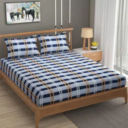 Florida Navy Blue & White Striped 120 TC Flat Cotton Queen Bedsheet with 2 Pillow Covers-image-91