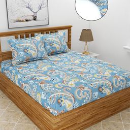 MORADO Blue & Brown Ethnic Motifs Polycotton 210 TC Queen Bedsheet With 2 Pillow Covers-image-95