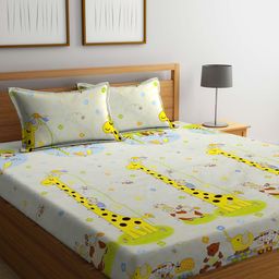 FABINALIV Yellow & Blue Printed 300 TC Fitted King Bedsheet with 2 Pillow Covers-47