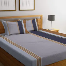 homewards Grey & Tan Striped 200 TC Queen Bedsheet With 2 Pillow Covers-image-3