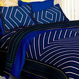 POORAK Blue & White Striped 104 TC Cotton Queen Bedsheet With 2 Pillow Covers-image-81