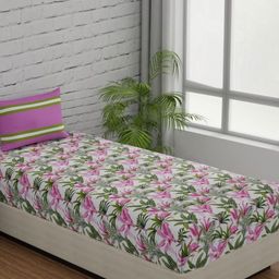 Huesland Pink & White Printed Cotton 144 TC Single Fitted Bedsheet With 1 Pillow Cover-image-81