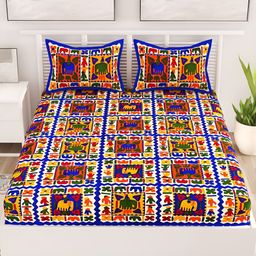 Aura Blue & Orange Ethnic Motifs Cotton 120 TC Queen Bedsheet with 2 Pillow Covers-image-72