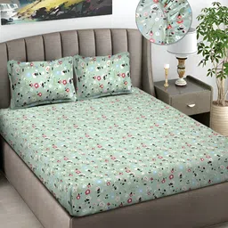 FABINALIV Green & White Floral Fitted 300 TC Super King Bedsheet with 2 Pillow Covers-image-88