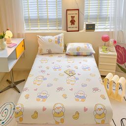 JC HOME Cream & Blue Graphic Cotton 210 TC Fitted King Bedsheet With 2 Pillow Covers-image-12