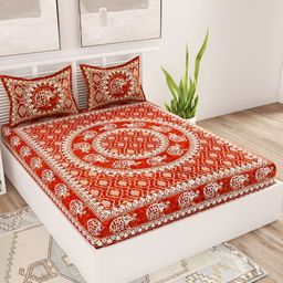Aura Maroon & White Ethnic Motifs Cotton 120 TC Queen Bedsheet With 2 Pillow Covers-image-78