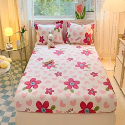 JC HOME White & Pink Floral 220 TC Single Bedsheet with Pillow Cover-image-30