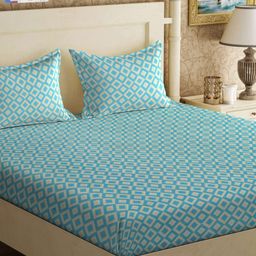 KLOTTHE Turquoise Blue Geometric Printed 300 TC Double King Bedsheet With 2 Pillow Covers-picture-2