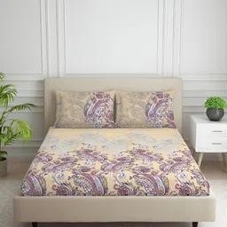 SPACES Beige & Purple Ethnic Motifs Cotton 144 TC King Bedsheet with 2 Pillow Covers-image-10