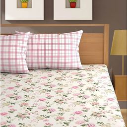 Bajo's White & Pink Floral 350 TC King Bedsheet with 2 Pillow Covers-image-48