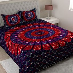 Aura Purple & Red Ethnic Motifs 144 TC Cotton King Bedsheet With 2 Pillow Covers-image-90