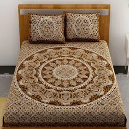 Aura Brown & White Ethnic Motifs Printed Cotton 120 TC Queen Bedsheet with 2 Pillow Covers-image-47