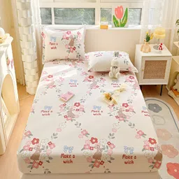 JC HOME Cream & Red Floral 220 TC Cotton Fitted King Bedsheet with 2 Pillow Covers-image-95