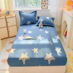 JC HOME Blue Geometric Cotton 220 TC Fitted King Bedsheet With 2 Pillow Covers-image-26