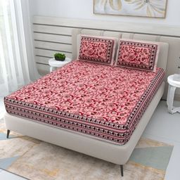 PATRICKO Red & Maroon Ethnic Motifs 210 TC Cotton Queen Bedsheet With 2 Pillow Covers-picture-5