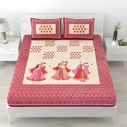 POORAK Red & Pink Ethnic Motifs Printed 104 TC Cotton Queen Bedsheet Set-1