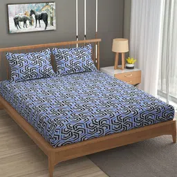 Florida Blue & Black Geometric 120 TC Flat Cotton Queen Bedsheet with 2 Pillow Covers-image-84