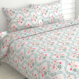 haus & kinder Blossoms Pink & White 186 TC Cotton Queen Bedsheet With 2 Pillow Covers-image-82